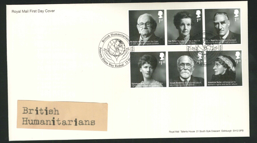 2016 - British Humanitarians First Day Cover - Princess Diana Way Rednal Postmark